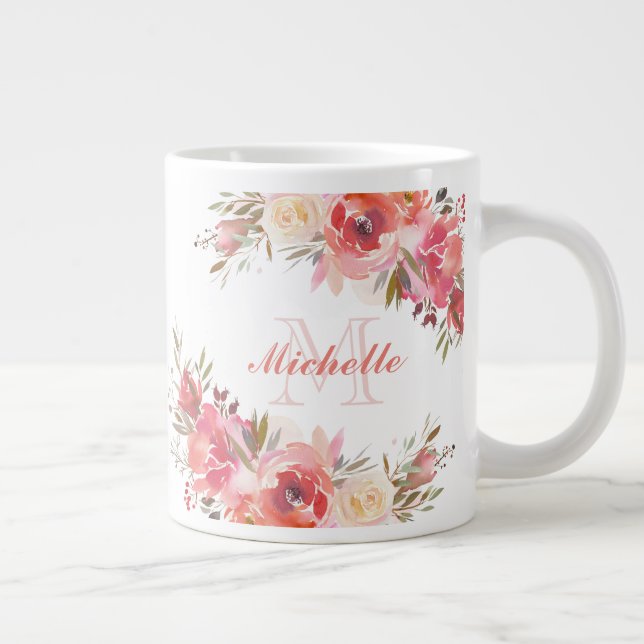 Elegant Pastel Pink Peach Rose Floral Name Large Coffee Mug (Right)