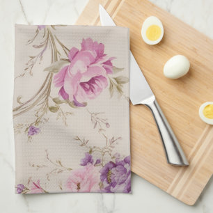 Elegant Pastel Pink & Purple Garden Blooms Tea Towel