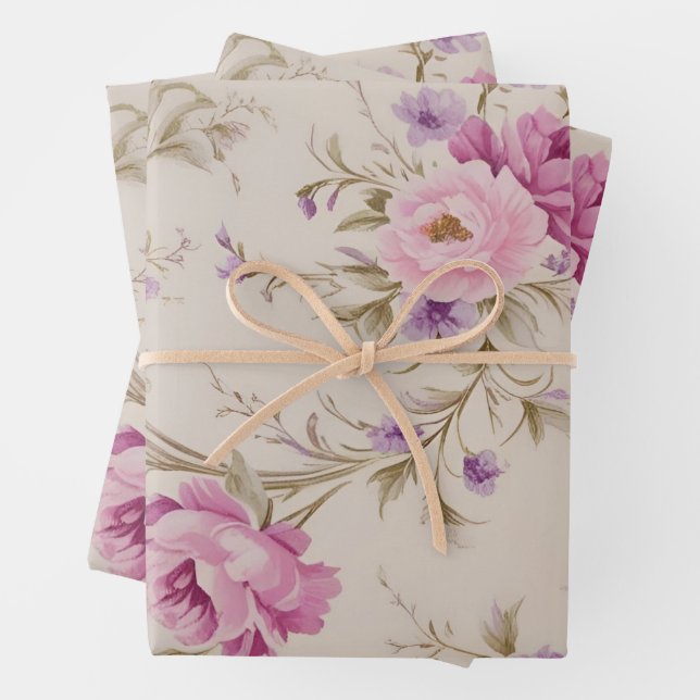 Elegant Pastel Pink & Purple Garden Blooms Wrapping Paper Sheet (In situ)