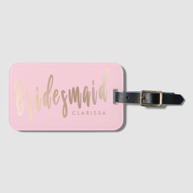 Elegant pastel pink & rose gold bridesmaid luggage tag (Front Horizontal)