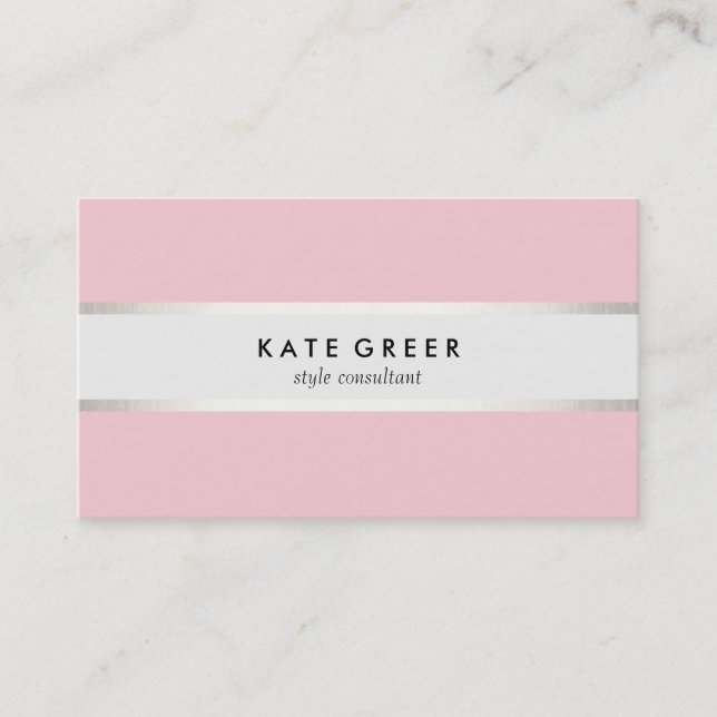 Elegant Pastel Pink Silver Striped Professional Business Card (Front)