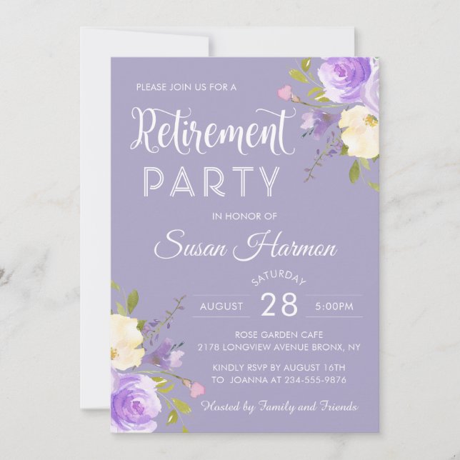 Elegant Pastel Purple Floral Retirement Party Invitation (Front)