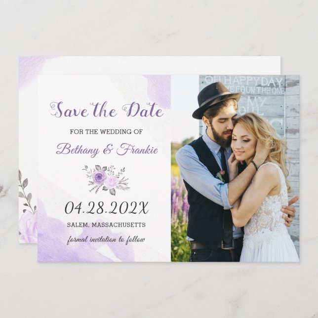 Elegant Pastel Purple Floral Save The Date Photo (Front/Back)