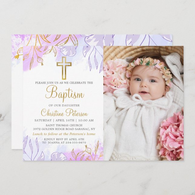 Elegant Pastel Purple Gold Floral Baptism Photo Invitation (Front/Back)