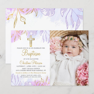Elegant Pastel Purple Gold Floral Baptism Photo Invitation