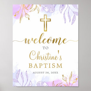 Elegant Pastel Purple Gold Floral Baptism Welcome  Poster