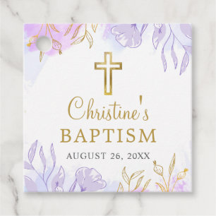 Elegant Pastel Purple Gold Floral Girl Baptism Favour Tags