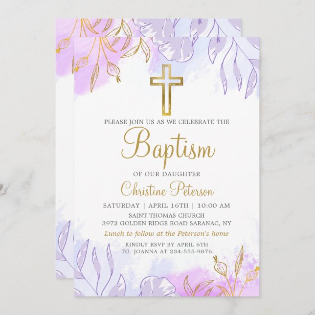 Elegant Pastel Purple Gold Floral Girl Baptism Invitation (Front/Back)