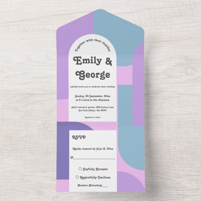 Elegant Pastel Purple Retro Groovy Modern Wedding All In One Invitation (Inside)