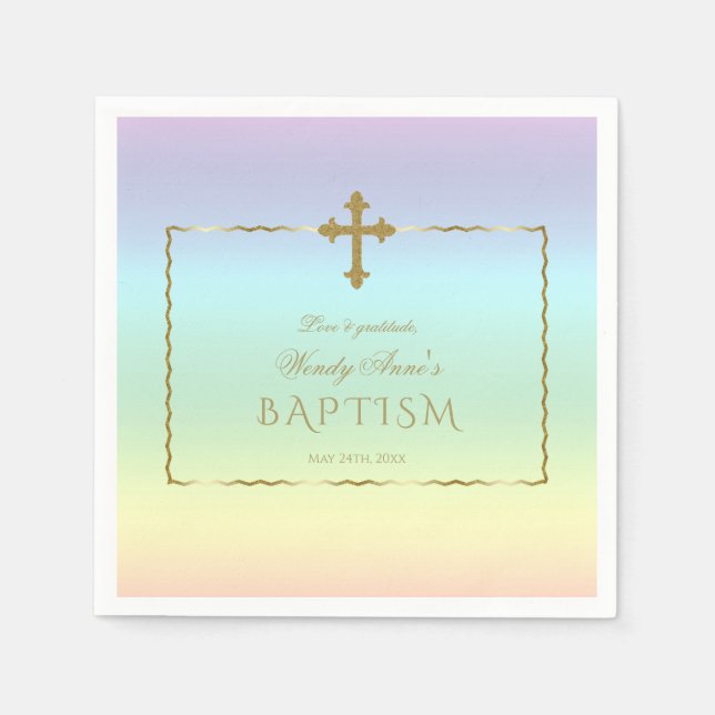 Elegant Pastel Rainbow Colour Gold Cross Baptism Napkin (Front)