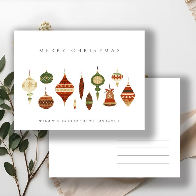ELEGANT PASTEL RED GREEN STAR CHIRSTMAS ORNAMENTS HOLIDAY POSTCARD (Creator Uploaded)