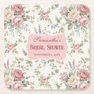 Elegant Pastel Roses Shabby Chic Bridal Shower Square Paper Coaster