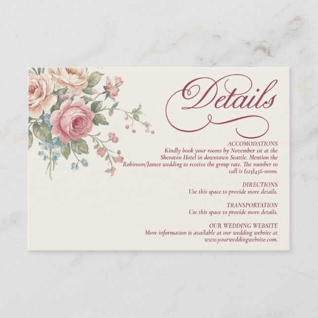 Elegant Pastel Roses Shabby Chic Wedding Enclosure Card (Front)