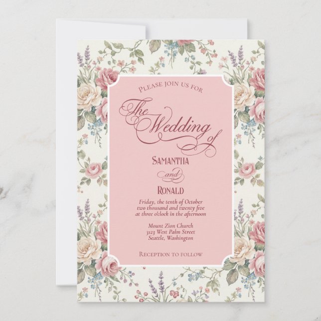 Elegant Pastel Roses Shabby Chic Wedding Invitation (Front)