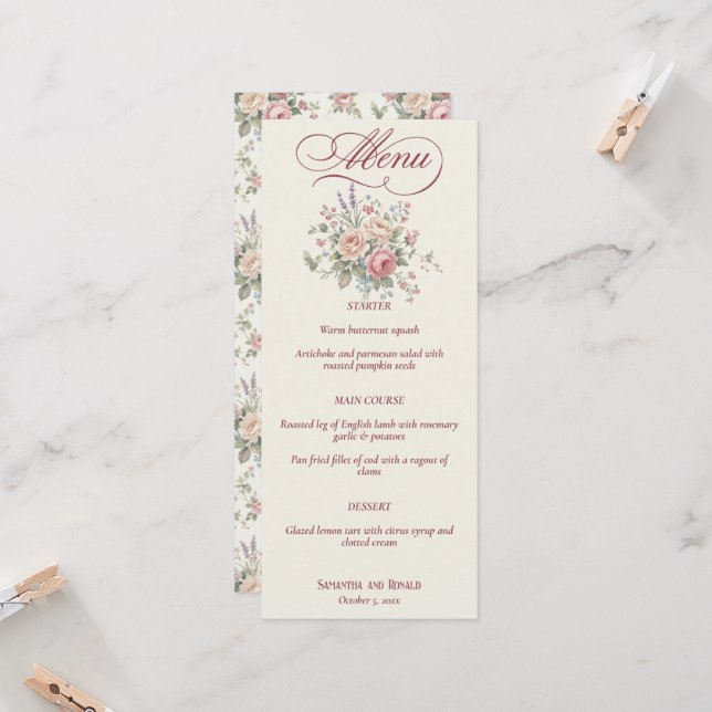 Elegant Pastel Roses Shabby Chic Wedding Menu Invitation (Front/Back In Situ)