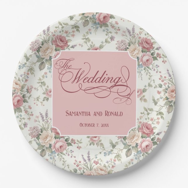 Elegant Pastel Roses Shabby Chic Wedding  Paper Plate (Front)