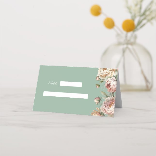 Elegant Pastel Sage Green Blush Peonies Place Card (Front)