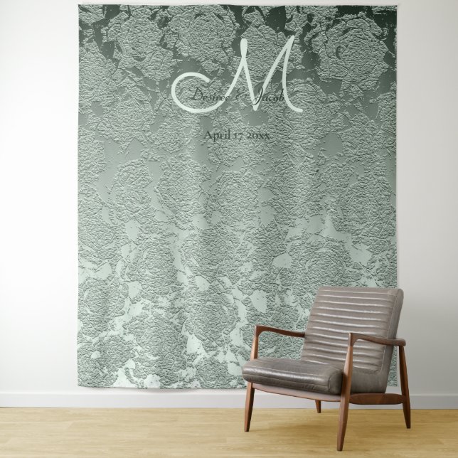 Elegant Pastel Sage Green Monogram Backdrop Tapestry (In Situ)