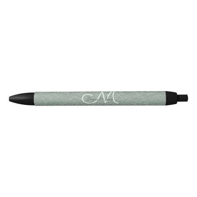 Elegant Pastel Sage Green Wedding Monogram Black Ink Pen (Front)