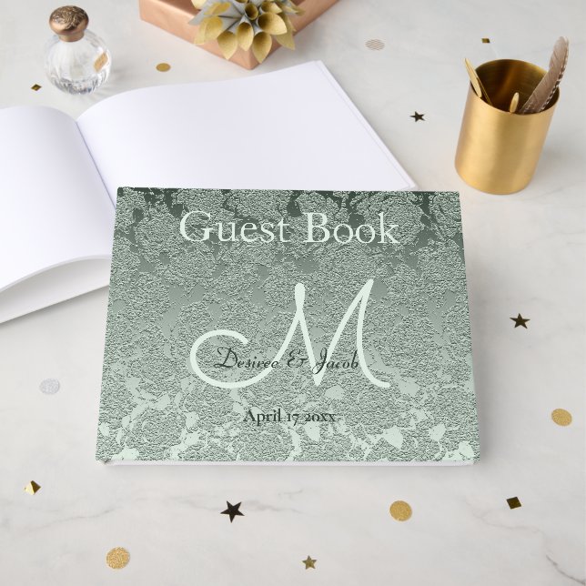 Elegant Pastel Sage Green Wedding Monogram Guest Book (Front Open)