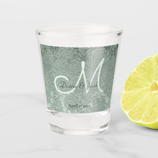 Elegant Pastel Sage Green Wedding Monogram Shot Glass (Front)