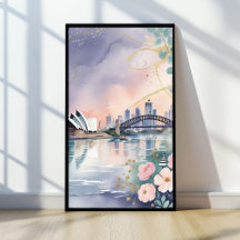 Elegant Pastel Sydney Skyline Watercolor Print 