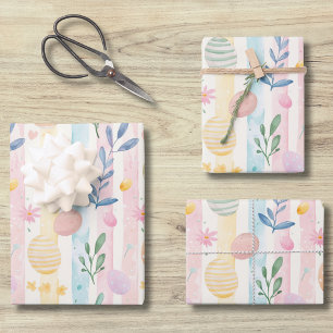 Elegant Pastel Watercolor Easter Stripes Eggs Wrapping Paper Sheet