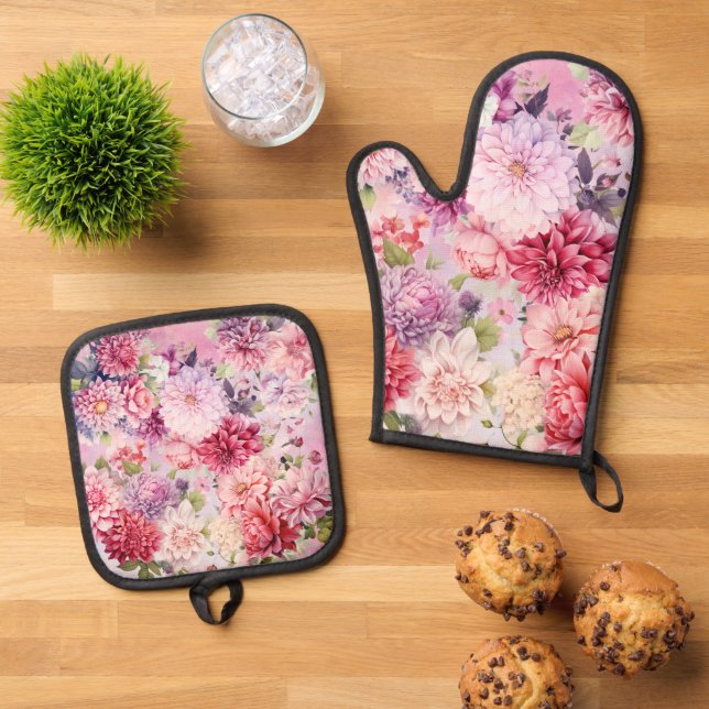 Elegant Pastel Watercolor Flowers Oven Mitt & Pot Holder Set (Top Down)
