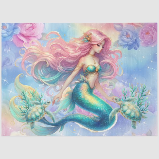 Elegant Pastel Watercolor Mermaid Decoupage Tissue Paper (Front)