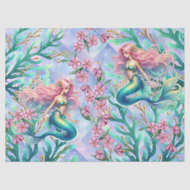 Elegant Pastel Watercolor Mermaids Decoupage Tissue Paper (Front)