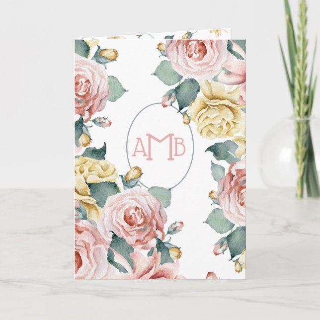 Elegant Pastel Watercolor Roses & Monogram Note Card (Front)
