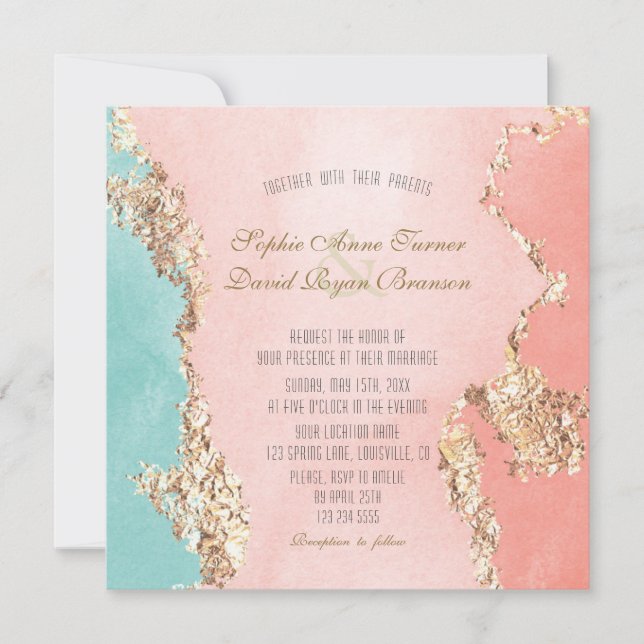 Elegant Pastel Watercolour Gold Foil Wedding Invitation (Front)