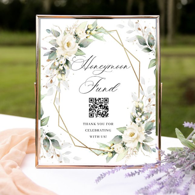 Elegant Pastel White Roses Eucalypt Honeymoon Fund Poster (Creator Uploaded)