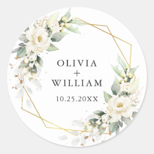 Elegant Pastel White Roses Eucalyptus Wedding Classic Round Sticker