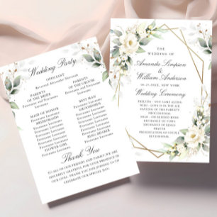 Elegant Pastel White Roses Eucalyptus Wedding Program