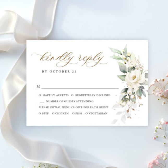 Elegant Pastel White Roses Eucalyptus Wedding RSVP Card (Creator Uploaded)