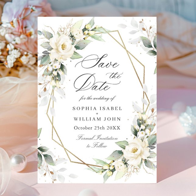Elegant Pastel White Roses Eucalyptus Wedding Save The Date (Creator Uploaded)