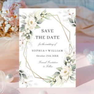 Elegant Pastel White Roses Eucalyptus Wedding Save The Date