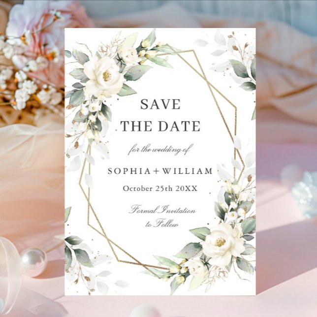 Elegant Pastel White Roses Eucalyptus Wedding Save The Date (Creator Uploaded)