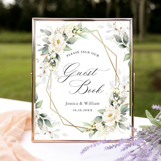 Elegant Pastel White Roses Sign Guestbook (Creator Uploaded)