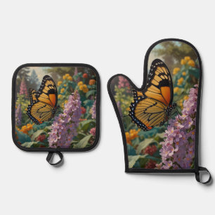 Elegant pastel wildflower garden with butterfly oven mitt & pot holder set