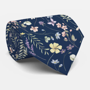 Elegant pastel wildflower meadow dark navy blue tie