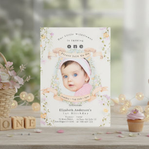 Elegant Pastel Wildflowers Baby Photo 1st Birthday Invitation