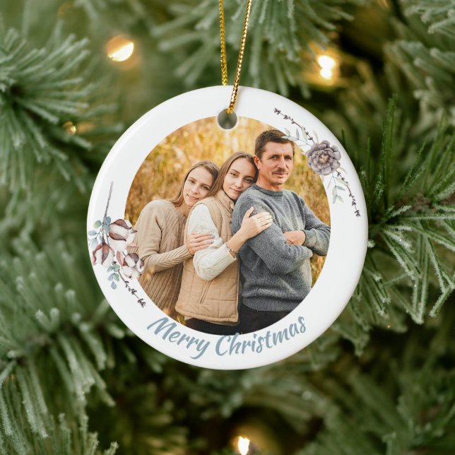 Elegant Pastel Winter Scene Christmas Family Photo Ceramic Ornament (Tree)