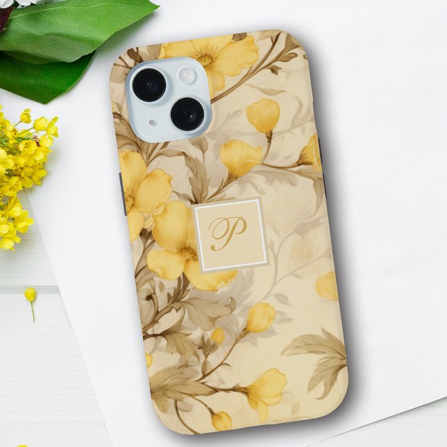 Elegant Pastel Yellow Floral Primrose Monogram  Case-Mate iPhone Case (Creator Uploaded)