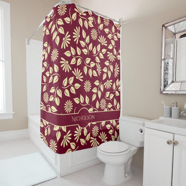 Elegant Pastel Yellow Leaves Daisies Burgundy Shower Curtain (In Situ)