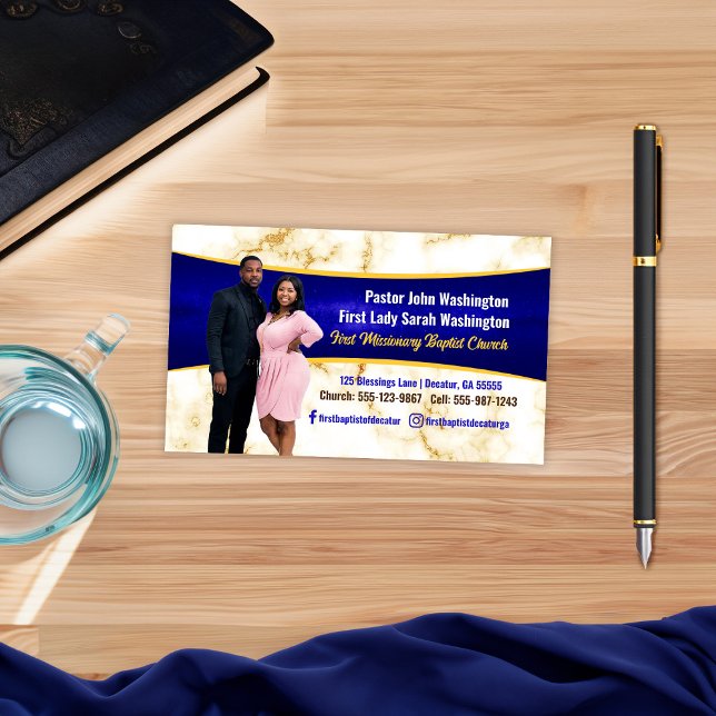 Elegant Pastor and First Lady Marble Photo Church  Business Card (Creator Uploaded)