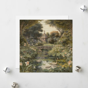 Elegant Pastoral English Garden & Swans Scene Holiday Card