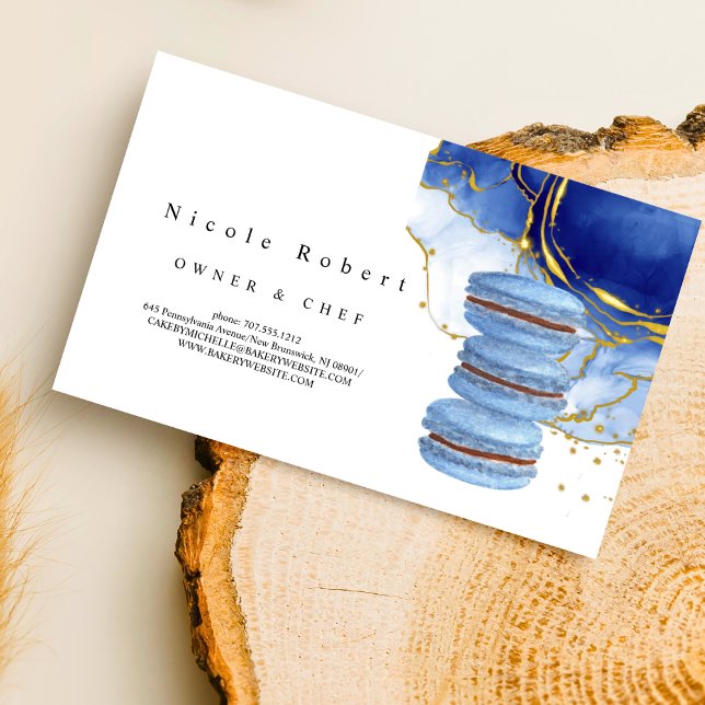 elegant Patisserie Chef blue marble Macaron design Business Card (Creator Uploaded)