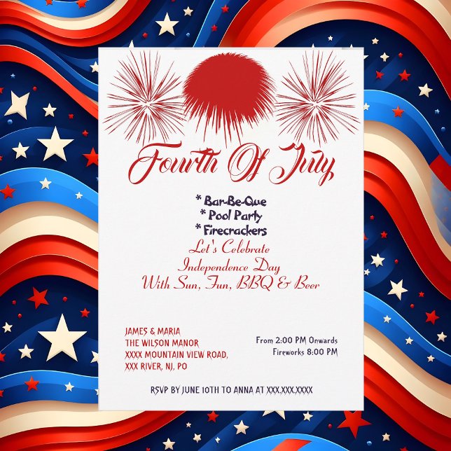 Elegant Patriotic 4th July Firecrackers BBQ Party  Invitation (Elegant Patriotic 4th July Firecrackers BBQ Party Invitation)
